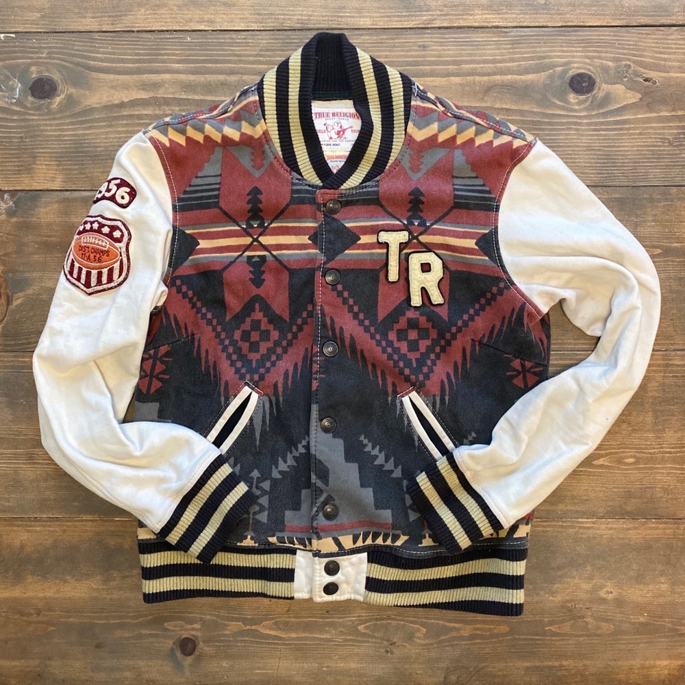 True Religion Kids Large‎ Serape Print Varsity Jacket Aztec Fleece Letterman L